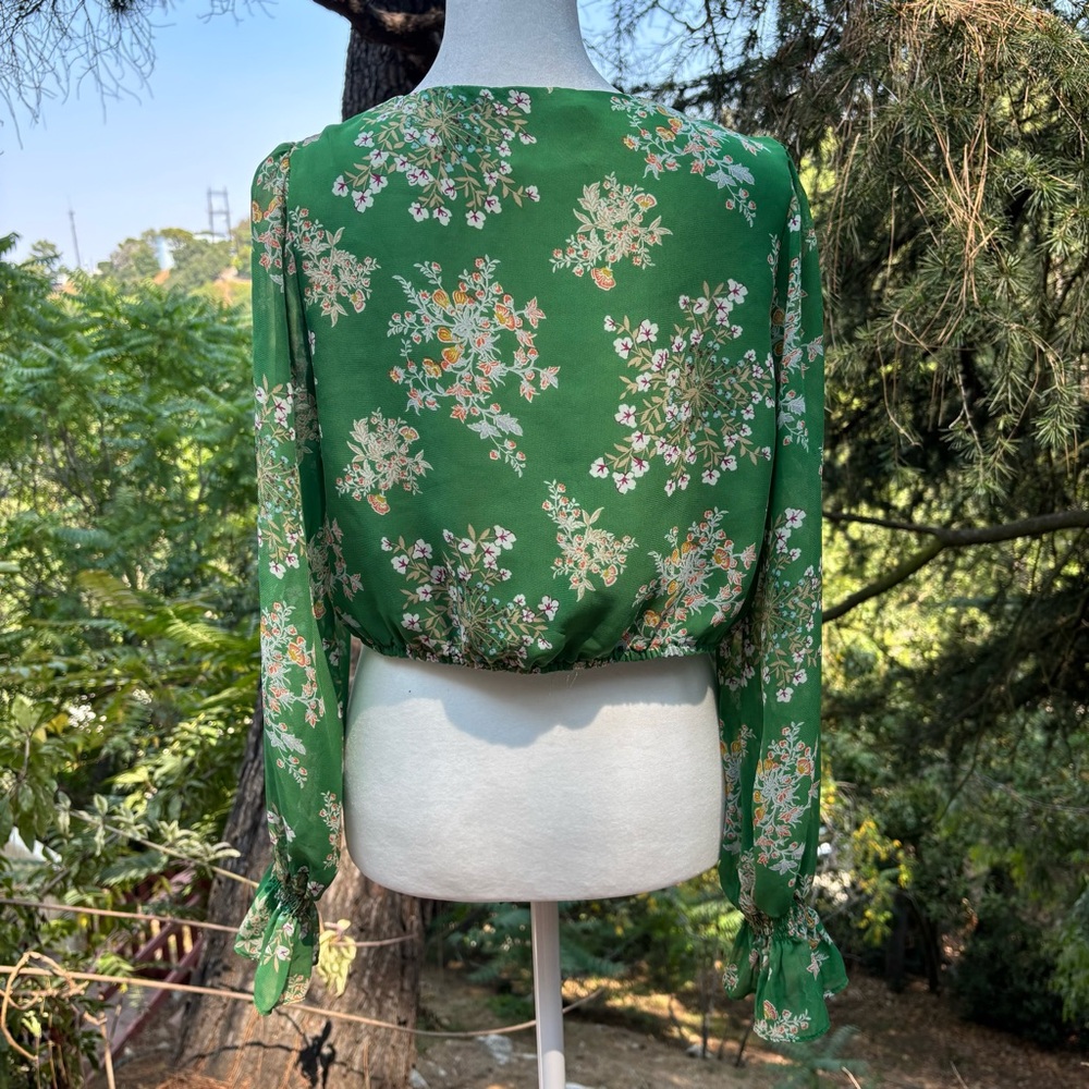 Floral Green Tie-Front Blouse - Picture 3 of 12